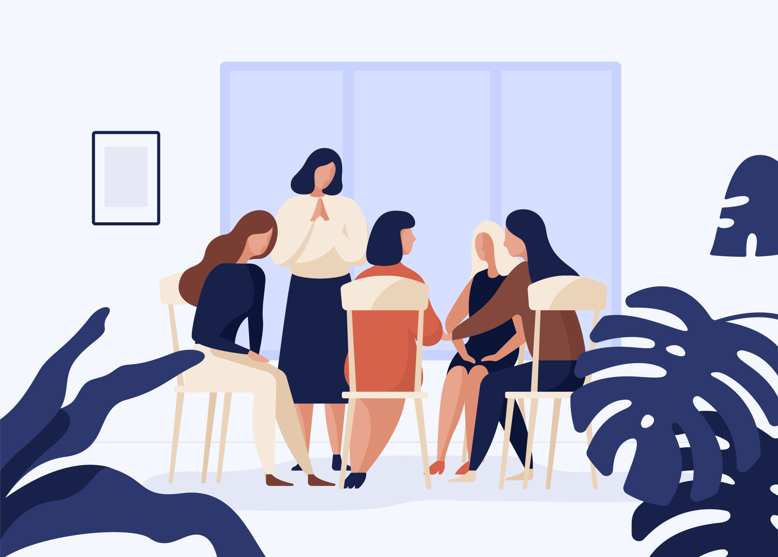 Female,Characters,Sitting,On,Chairs,In,Circle,And,Talking,To